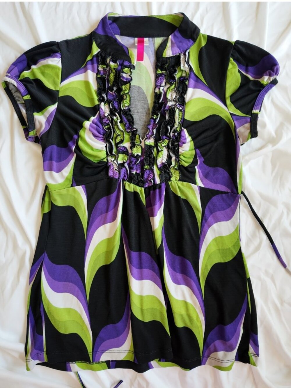 Y2K Blouse Ruffle V Neck Abstract Purple Lime Green Swirl Size S/M